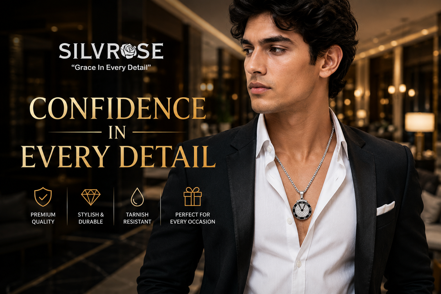 SILVROSE Men's Roman Numeral Crystal Pendant Necklace | Premium Silver Plated Round Pendant with Box Chain | Stylish Fashion Jewellery for Men & Boys | Gift for Birthday, Anniversary & Daily Wear