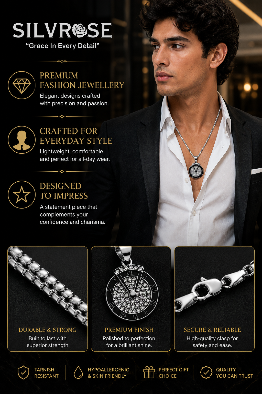 SILVROSE Men's Roman Numeral Crystal Pendant Necklace | Premium Silver Plated Round Pendant with Box Chain | Stylish Fashion Jewellery for Men & Boys | Gift for Birthday, Anniversary & Daily Wear