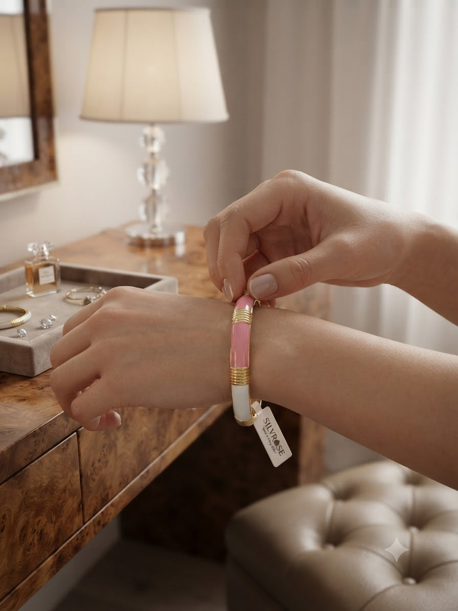 Elegant Enamel Hinged Bracelet by SILVROSE – Adjustable Gold-Tone Pink and White Fashion Jewelry