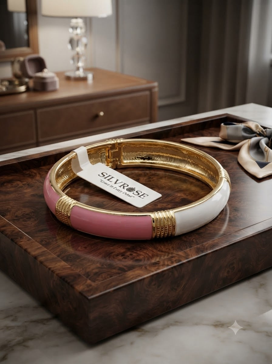 Elegant Enamel Hinged Bracelet by SILVROSE – Adjustable Gold-Tone Pink and White Fashion Jewelry