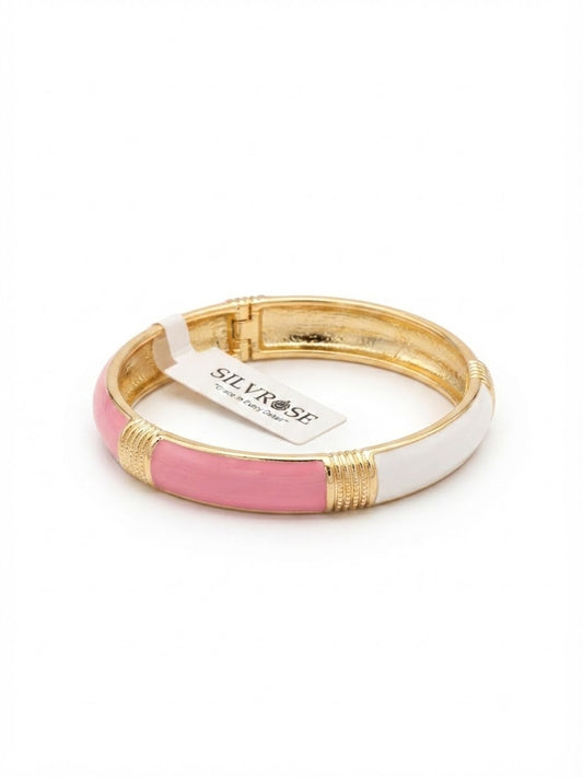 Elegant Enamel Hinged Bracelet by SILVROSE – Adjustable Gold-Tone Pink and White Fashion Jewelry