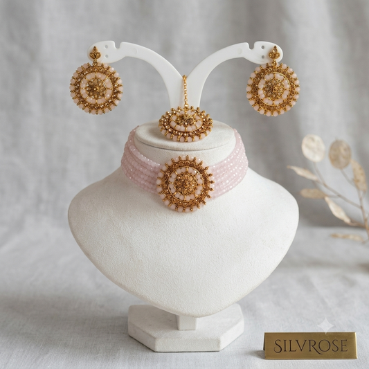 Blush Pink Beaded Choker Set with Maang Tikka