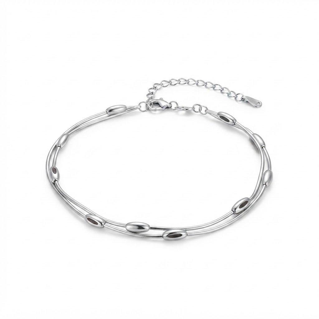 SILVROSE Mira silver-tone double-strand oval bead anklet