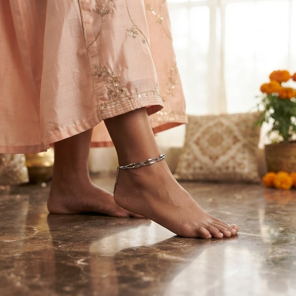 SILVROSE Mira Double-Strand Oval Bead Anklet – Silver Tone